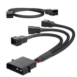Produktbild: KabelDirekt – hochflexibles Molex Lüfter Verteilerkabel, 4-Pin Molex 12 V (2-polig) auf 3× 3-Pin Stecker (2-polig, 15 cm) + PWM Lüfter Verlängerungskabel, 4-Pin (30 cm) – mit robuster Nylonummantelung