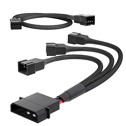 Produktbild: KabelDirekt – hochflexibles Molex Lüfter Verteilerkabel, 4-Pin Molex 12 V (2-polig) auf 3× 3-Pin Stecker (2-polig, 15 cm) + PWM Lüfter Verlängerungskabel, 4-Pin (30 cm) – mit robuster Nylonummantelung