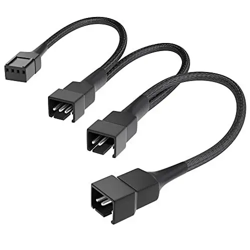 Produktbild: KabelDirekt – hochflexibles PWM Splitter Kabel/Lüfter-Verteilerkabel, 4-Pin auf 1× 4-Pin (4-polig) und 2× 4-Pin (3-polig), 20/20/20 cm – mit robuster Nylonummantelung