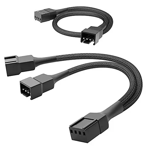 Produktbild: KabelDirekt – hochflexibles PWM Splitter Kabel/Lüfter-Verteilerkabel, 4-Pin auf 2× 4-Pin (15 cm) + PWM Lüfter Verlängerungskabel, 4-Pin (30 cm) – mit robuster Nylonummantelung