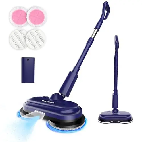 Produktbild: Kabellos Bodenwischer Elektrisch Retractable, SUNSMAI Elektrischer Mopp mit LED und Sprühfunktion, 300 ML Wassertank, Akku Abnehmbar Doppelte Rotation Akku Bodenwischer zum Wischen und Polieren