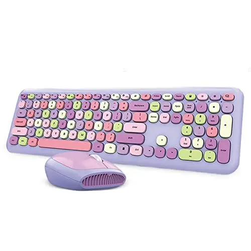 Produktbild: Kabellose 2,4-G-Tastatur und Maus-Kombination, Bunte Runde Tastenkappen, Niedliche ästhetische Tastatur, 110 Tasten in Voller Größe, QWERTY-Schreibmaschinentastatur(Lila gemischt)