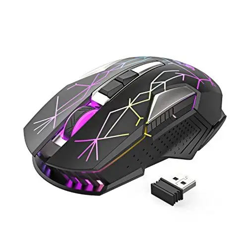 Produktbild: Kabellose Gaming-Maus, 2400 DPI, Seitentaste, USB Empfänger, Atmung RGB-Beleuchtung, 7 Tasten Lautloses Klicken, 2.4 GHz Wiederaufladbar Wireless Mouse, Gaming-Maus für Laptop, PC - Stern Schwarz