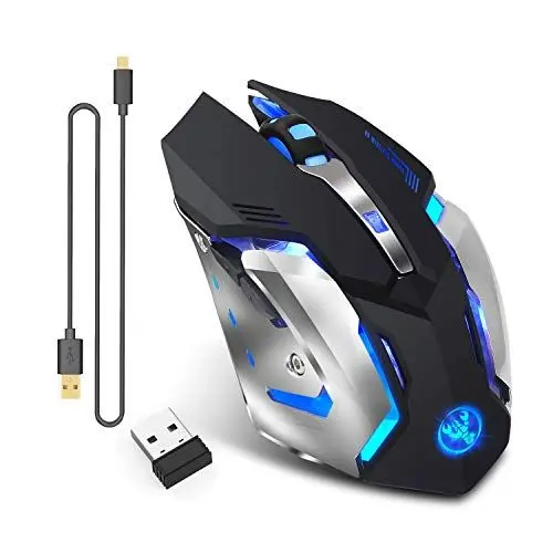 Produktbild: Kabellose Gaming-Maus 2,4GHz mit 7-farbiger Beleuchtung, wiederaufladbar (600 mAh Akku) (Silber schwarz)