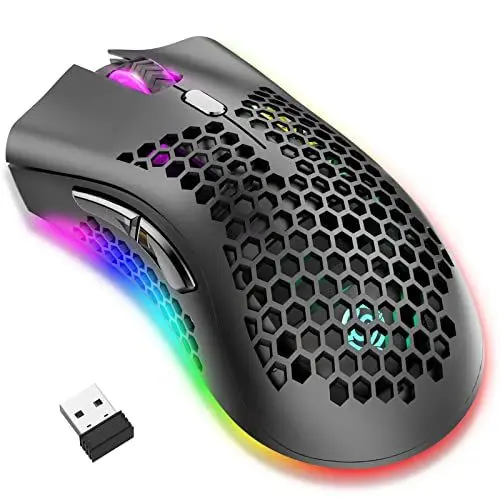 Produktbild: Kabellose Gaming Maus, Computermaus mit Wabenschale, 7 programmierte Tasten, 3 einstellbare DPI, USB-Empfänger, tragbare, ergonomische optische RGB- für Laptop PC/Mac, schwarz (Black)