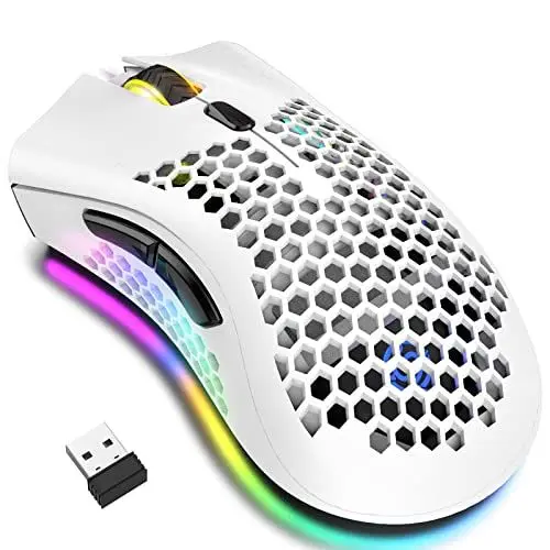 Produktbild: Kabellose Gaming Maus, Computermaus mit Wabenschale, 7 programmierte Tasten, 3 einstellbare DPI, USB-Empfänger, tragbare, ergonomische optische RGB- für Laptop PC/Mac, schwarz (White)