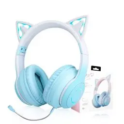 Produktbild: Kabellose Kinder-Kopfhörer, KinderKopfhörer mit LED-Licht und Katzenohren für Mädchen, Bluetooth-Headset mit abnehmbarem Mikrofon mit Geräuschunterdrückung und integriertem Mikrofon für Anrufe/Spielen