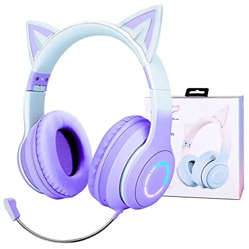 Produktbild: Bluetooth Kopfhörer Kinder, Katzenohren Kinder Kopfhörer mit LED Leucht, Kabellose Kinder Kopfhörer mit Kabel, Verstellbare Kopfhörer Over-Ear mit Mikrofon für Mädchen/Erwachsene/Tablet/iPad/Schule