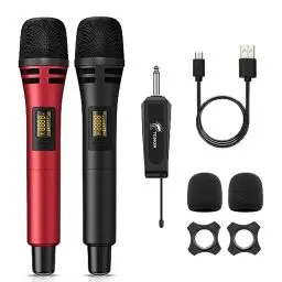Produktbild: Kabellose Mikrofone, TONOR UHF Duales Karaoke Mikrofonset mit wiederaufladbarem Empfänger. Kabelloses dynamisches Mikrofon, Mikrofon-Set für Singen, Hochzeiten, Party, Ansprachen TW320 Schwarz & Rot