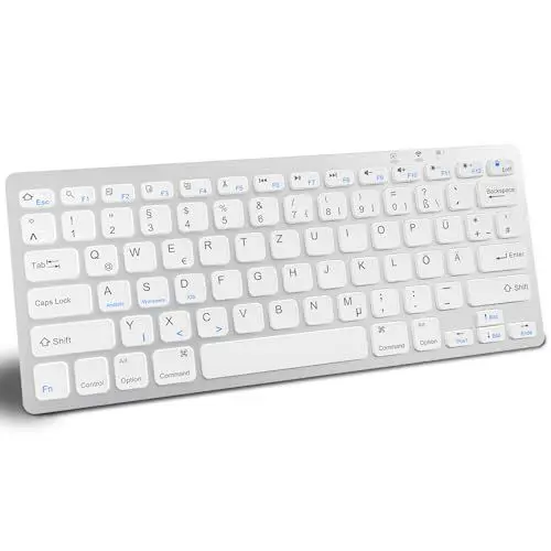 Produktbild: Kabellose Tastatur für iPad, QWERTZ Deutsche Bluetooth Tastatur für iPad 10.9/10.2/9.7, Andriod, iOS, Windows, WinXP, Win7, Win8, Kabellose Multi-Device Tastatur inkl 2 AAA Batterie(Silberweiß)