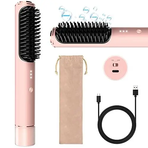 Produktbild: Kabelloser Haarglätter Bürste Negative Ionen Haarglätter Kamm Tragbare Haarglätter für Frauen mit Verbrühungsschutzfunktion und automatischer Abschaltung, wiederaufladbar Typ C, schnelles Aufheizen