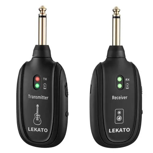 Produktbild: Kabelloses Gitarrensystem, LEKATO Gitarren-Sender-Empfänger, kabellos, wiederaufladbar, digitales Gitarrensystem, Klinkenkabel mit 4 Kanälen für E-Gitarre, Bass, Violine