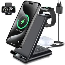 Produktbild: 3 in 1 Kabelloses Ladegerät, Induktive Ladestation für iPhone 16 15 14 13 12 11 Pro Max/16e/XS/8, Schnelles Ladeständer für Apple Watch Ultra 10 9 8 7 6 SE 5 4 3 und Air Pods Pro
