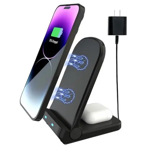 Produktbild: Kabelloses Ladegerät Wireless Charger für iPhone 15 14 13 12 Pro Max Xr Xs and Kopfhörer, Induktive Ladestation für Samsung Galaxy S23 S22 S21 S20 S10(Inklusive Netzadapter)-Schwarz