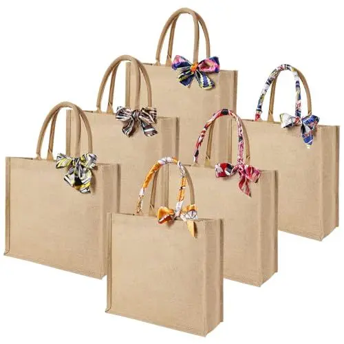 Produktbild: Kadrama 6 Stück Jute-Tragetaschen mit 6 Schals Set, Personalisiert Jutetasche Shopper, Tote Bag Damen DIY, Jute-Strandtasche, Leinen-Einkaufstaschen für Brautjungfer, Reisen, Einkaufen, Weihnachten
