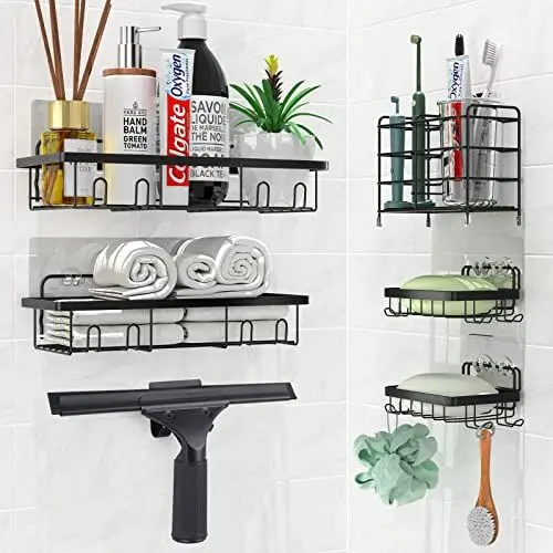 Produktbild: Kadrama Duschablage ohne Bohren mit Duschabzieher, 7-Pack Badezimmer Organizer Set, Badezimmer Regal Badregal Duschablage zum Hängen mit Abzieher Dusche, Selbstklebende Caddy-Regale