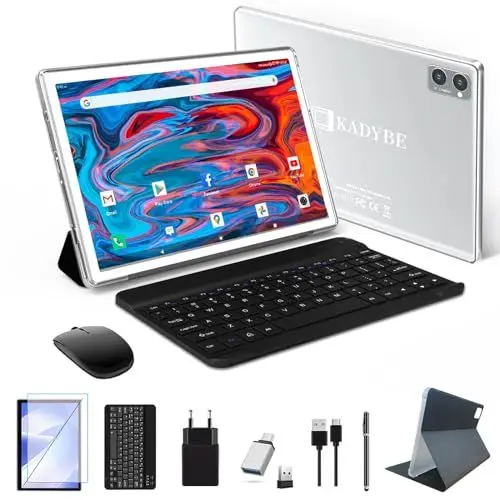 Produktbild: KADYBE 2025 Neueste Android Tablet 10 Zoll,128GB ROM (1TB TF),Octa-Core,1080FHD,|Gesichtserkennung| 8+13 MP | 1.8GHz | 7000 mAh |Tablet PC mit Tastatur Maus Stift Type-C (Silbrig)