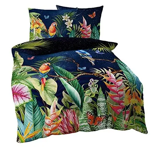 Produktbild: Kaeppel Mako Satin Digitaldruck Bettwäsche 2 TLG. Tropical Galaxy Dschungel Papagei Bunt Regenwald, Größe:135x200cm Bettwäsche