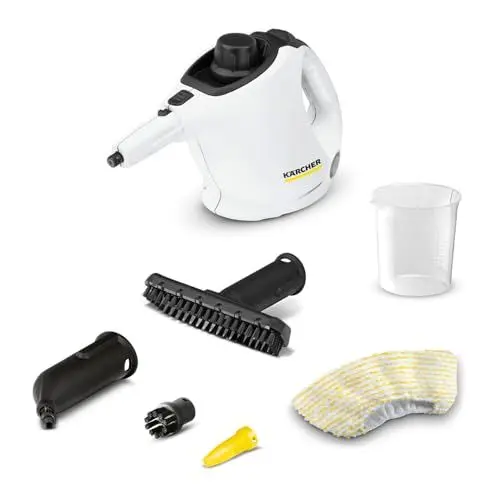 Produktbild: Kärcher Dampfreiniger SC 1, Dampfdruck: 3 bar, Aufheizzeit: 3 min., Leistung: 1.200 W, Flächenleistung: 20 m², Tank: 200 ml, mit Hand-, Punktstrahl- und Powerdüse, Mikrofaser-Überzug und Rundbürste