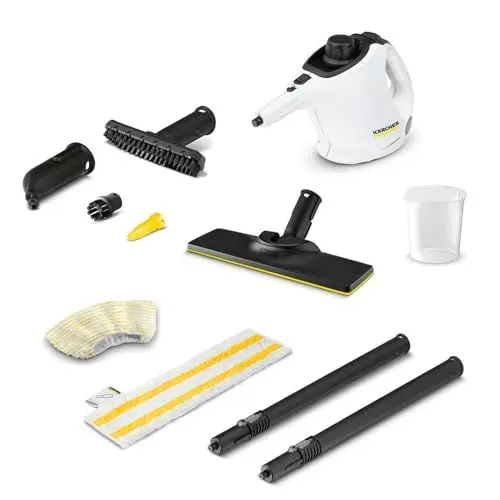 Produktbild: Kärcher Dampfreiniger SC 1 EasyFix, Dampfdruck: 3 bar, Aufheizzeit: 3 min., Leistung: 1.200 W, Flächenleistung: 20 m², Tank: 200 ml, mit Bodenreinigungsset EasyFix, Düsen und Mikrofaserbezug, Weiss