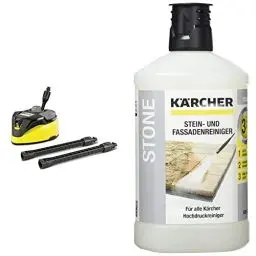 Produktbild: Kärcher Flächenreiniger T-Racer T 7 Plus (Spritzwasserschutz, für große Flächen, Zwei Flachstrahldüsen, Handgriff für senkrechtes Arbeiten, Powerdüse) & Stein- und Fassadenreiniger 3-in-1 (1 l)