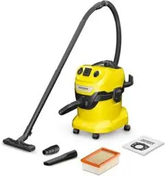 Produktbild: Kärcher WD 4 P V-20/5/22 Nass-& Trockensauger, Kunststoffbehälter, Gelb 5 m Kabel, 2,2 m Saugschlauch, mit Gerätesteckdose, Clips-Bodendüse, „Pull & Push“-Verschlusssystem, Gelb