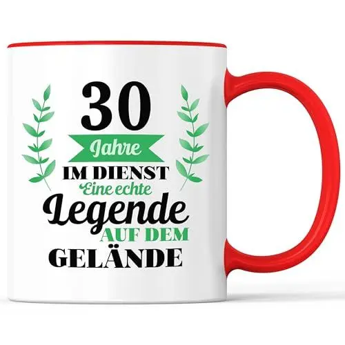 Produktbild: Kaffeebecher mit Spruch 30 Jahre im Dienst Firmenjubiläum Dienstjubiläum - lustiges Geschenk - Kaffeetasse als Geschenkidee - Becher bzw. Tasse 330ml - Weiß-Rot