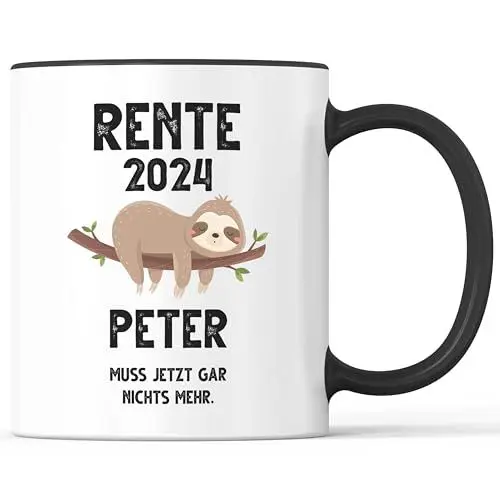 Produktbild: Kaffeebecher mit Spruch Rente 2024 mit Name Rentner Rentnerin Namen - lustiges Geschenk - Kaffeetasse als Geschenkidee - Becher bzw. Tasse 330ml - Weiss-Schwarz