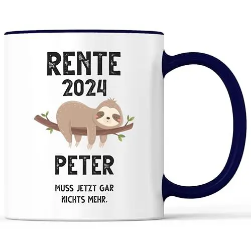 Produktbild: Kaffeebecher mit Spruch Rente 2024 mit Name Rentner Rentnerin Namen - lustiges Geschenk - Kaffeetasse als Geschenkidee - Becher bzw. Tasse 330ml - Weiss-Blau