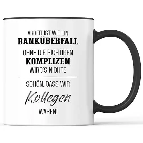 Produktbild: Kaffeebecher mit Spruch Schön, dass wir Kollegen waren Abschied Verabschiedung - lustiges Geschenk - Kaffeetasse als Geschenkidee - Becher bzw. Tasse 330ml - Weiß-Schwarz