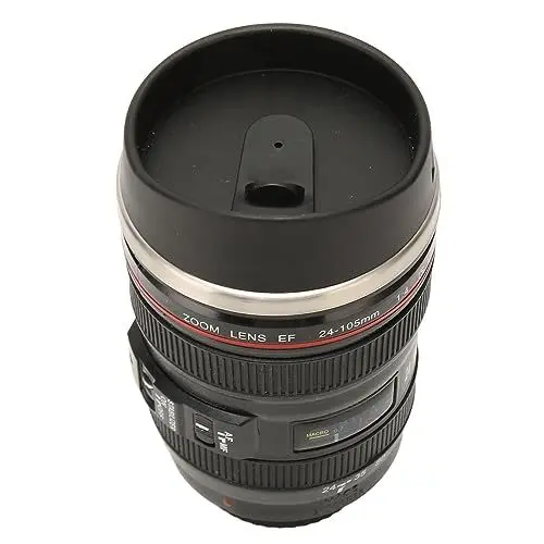 Produktbild: Kaffeetasse mit Kameraobjektiv, 13,5 Unzen, Edelstahl-Thermoskanne mit 2 Deckeln und Löffel, Einziehbarer Versiegelter Deckel, Reisekaffeetasse für Männer und Frauen (BLACK)