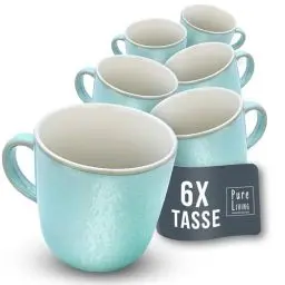 Produktbild: Steingut Kaffeetassen 6 Pers. Ibiza Hochwertiges Mediterranes TEST SEHR GUT Tassen Set, Spülmaschinen-, Mikrowellen- und Kratzfest - Stylisches Tee- und Kaffeebecher Set - Pure Living in Türkis