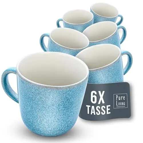 Produktbild: Steingut Kaffeetassen 6 Pers. Ibiza Hochwertiges Mediterranes TEST SEHR GUT Steingut Tassen Set, Spülmaschinen-, Mikrowellen- und Kratzfest - Stylisches Tee- und Kaffeebecher Set - Pure Living in Blau