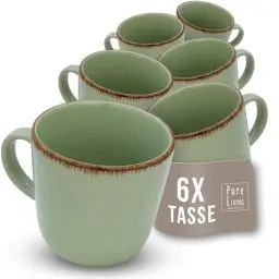 Produktbild: Steingut Kaffeetassen 6 Pers. Rustic Hochwertiges Landhausstil TEST SEHR GUT Tassen Set, Spülmaschinen-, Mikrowellen- und Kratzfest - Stylisches Tee- und Kaffeebecher Set - Pure Living in Mintgrün