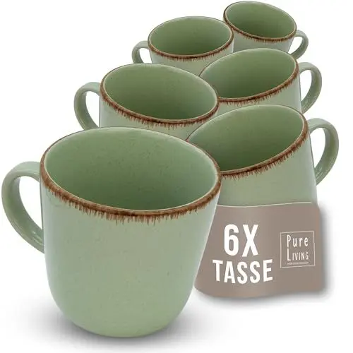 Produktbild: Steingut Kaffeetassen 6 Pers. Rustic Hochwertiges Landhausstil TEST SEHR GUT Tassen Set, Spülmaschinen-, Mikrowellen- und Kratzfest - Stylisches Tee- und Kaffeebecher Set - Pure Living in Mintgrün