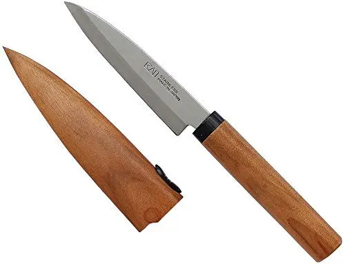 Produktbild: KAI Select Früchtemesser mit Holzscheide und Kirschbaumholzgriff - rostfreier SUS420J2 Edelstahl - Klingenlänge 9 cm, Gesamtlänge 20,5 cm - Universalmesser Obstmesser Schälmesser