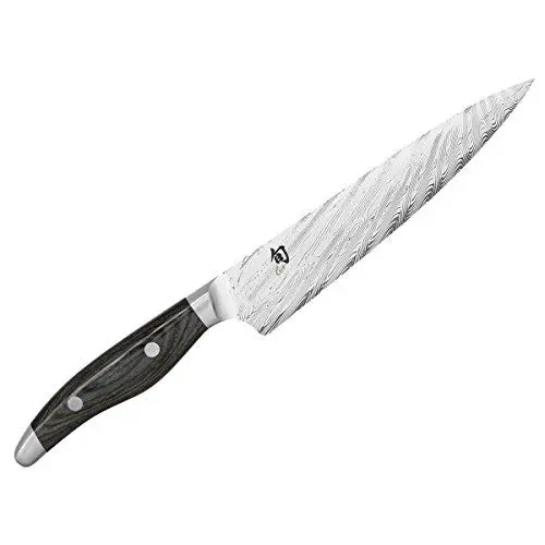 Produktbild: KAI Shun Nagare Allzweckmesser 15 cm Klingenlänge - 72 Lagen Damaszenerstahl VG 2 & VG 10 Dual-Core-Klinge - Pakkaholz grauschwarz - Handgefertigt in Japan - kleines Kochmesser schmal geschmiedet