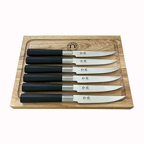 Produktbild: KAI Wasabi Black 67S-400 Steakmesser - Set 6-teilig - Der erste Wahl für Steakliebhaber und Profi-Köche + 100% handgefertigtes Schneidebrett Unikat aus Eiche 30x22cm