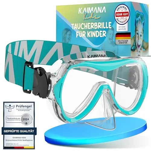 Produktbild: KAIMANA Taucherbrille Kinder inkl. Tragetasche, besonders Bequeme Tauchmaske Kinder mit Stoffband, Türkis