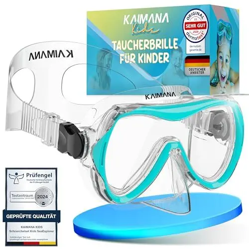 Produktbild: KAIMANA Taucherbrille Kinder inkl. Tragetasche, besonders Bequeme Tauchmaske Kinder mit Silikonband, Türkis