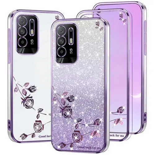 Produktbild: Kainevy Für Oppo A94 5G Hülle Durchsichtig Glitzer Luxus für Frauen, Bling Handyhülle Oppo A94 5G Hülle Silikon Weich Transparent Case Rosa Blumen Schutzhülle Dünn (Lila)