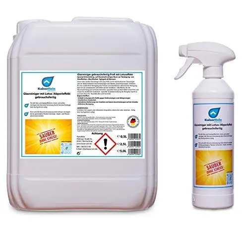 Produktbild: KaiserRein Glasreiniger mit Lotus- (Abperl-) Effekt gebrauchsfertig Spray 0,5L Leerflasche + 5 L Nachfüll Kanister Reiniger für alle Glas und Oberflächen