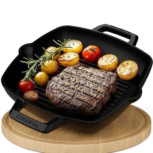 Produktbild: KAISERTAL Grillpfanne Emailliert Gusseisen 27cm – Steakpfanne & Gusspfanne Induktion – Gusseisenpfanne Grill für Gasgrill & Backofen – Eisenpfanne Outdoor & Indoor – Cast Iron Pan Skillet