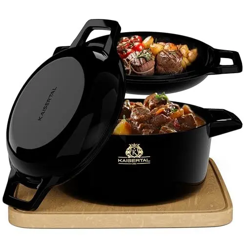 Produktbild: KAISERTAL Emaillierter Gusseisen Topf – 2in1 Bräter mit Deckel 4,8L & Gusspfanne 1,8L – Schmortopf mit Deckel & Gusseisen Bräter – Brotbacktopf Bratentopf Outdoor Induktion Bräterset inkl. Rezeptbuch