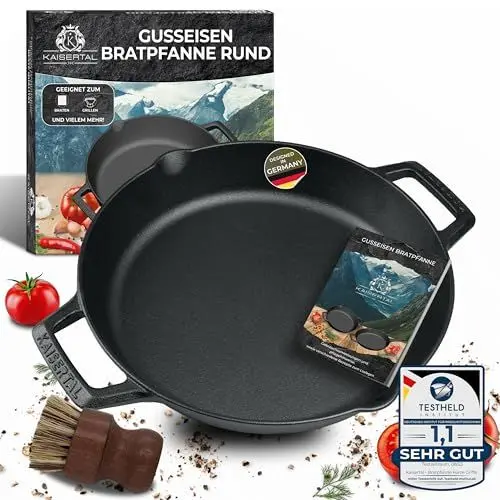 Produktbild: KAISERTAL Gusseisenpfanne 30cm – Steakpfanne & Gusspfanne für Induktion, Gasgrill & Grill – Pfanne Gusseisen – Gusseiserne Pfanne Outdoor & Indoor – Cast Iron Pan Skillet