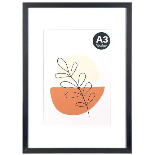 Produktbild: KAIWIN Bilderrahmen Schwarz A3-mit Passepartout 21x30 cm (A4), Fotorahmen mit Acrylglas zum aufhängen, Für Fotos, Poster, Puzzles| Posterrahmen