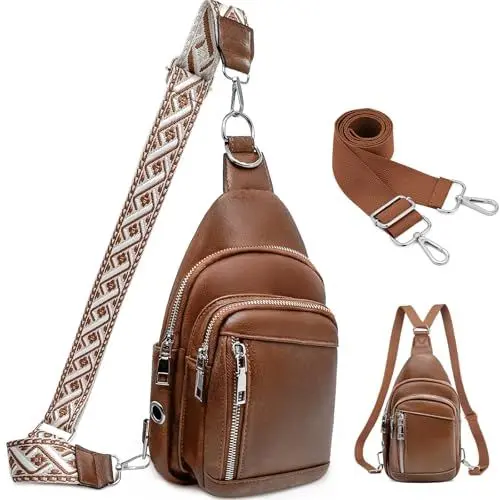 Produktbild: Kaiyaner Brusttasche Damen Umhängetasche Herren Crossbody Bag Gürteltasche 2 in 1 Rucksacktasche Klein mit Abnehmbare Schultergurte, Leders chultertasche für Reisen,Einkaufen,Outdoorsport Braun