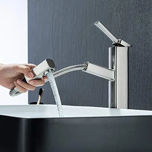 Produktbild: KAIYING Badezimmer Pull Down Vessel Spülbecken Wasserhahn, Einloch Waschbecken, mit herausziehbarem Sprüher, Einhandgriff Utility Mischbatterie mit drehbarem Auslauf (hoch, gebürstetes Nickel)