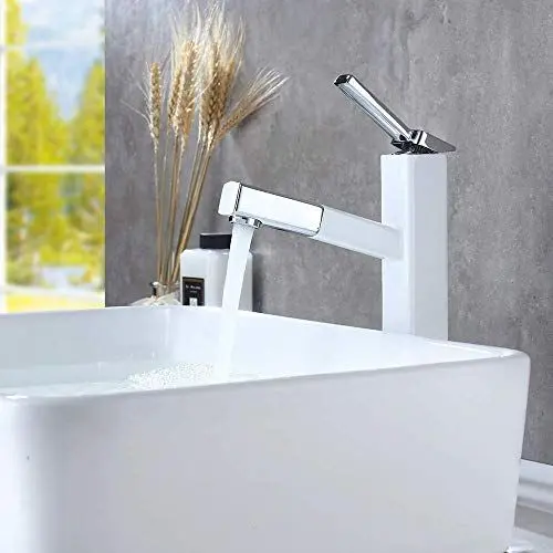 Produktbild: KAIYING Badezimmer Pull Down Vessel Spüle Wasserhahn, Einloch Waschbecken Wasserhahn mit herausziehbarem Sprüher, Einhandgriff Utility Mischbatterie mit drehbarem Auslauf (hoch, chrom und weiß)