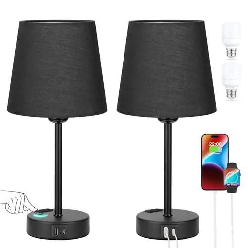 Produktbild: Kakanuo Nachttischlampe Touch Dimmbar 2er Set, Tischlampe mit Ladefunktion USB A+C-Anschlüssen Steckdosen 2 LED Birnen, Schwarz-Lampenschirm, Kleine Lampe für Schlafzimmer Wohnzimmer Babyzimmer Büro